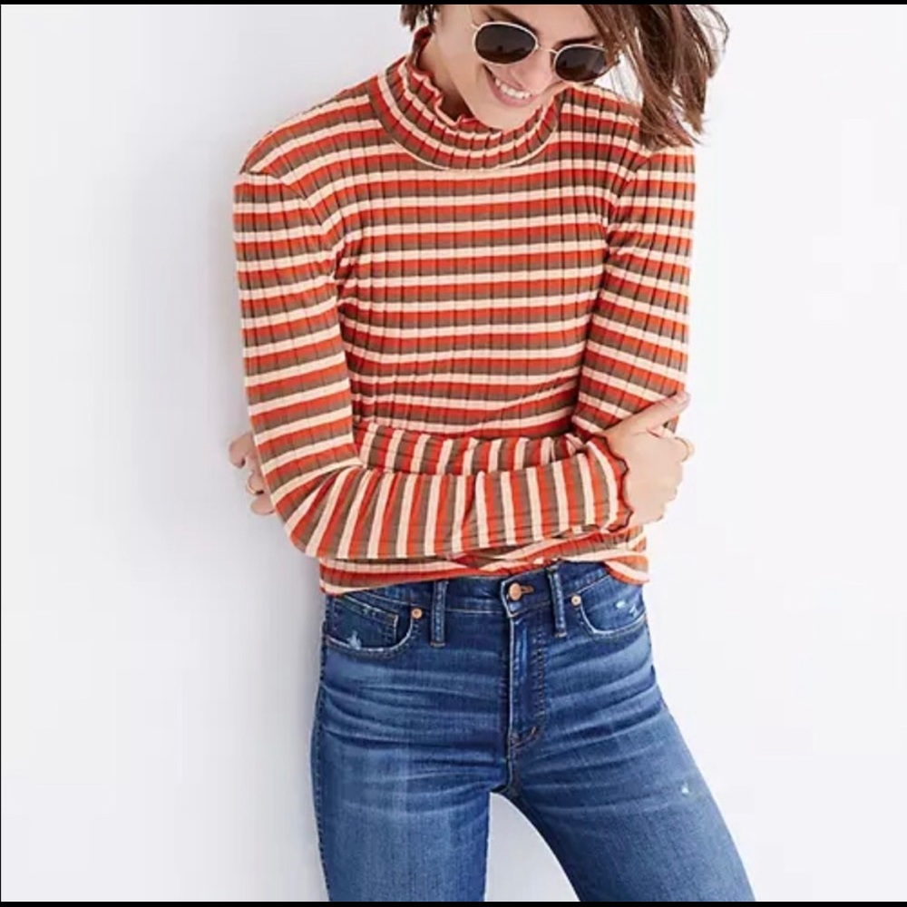 Madewell orange & green striped turtleneck with frilly detail size Small